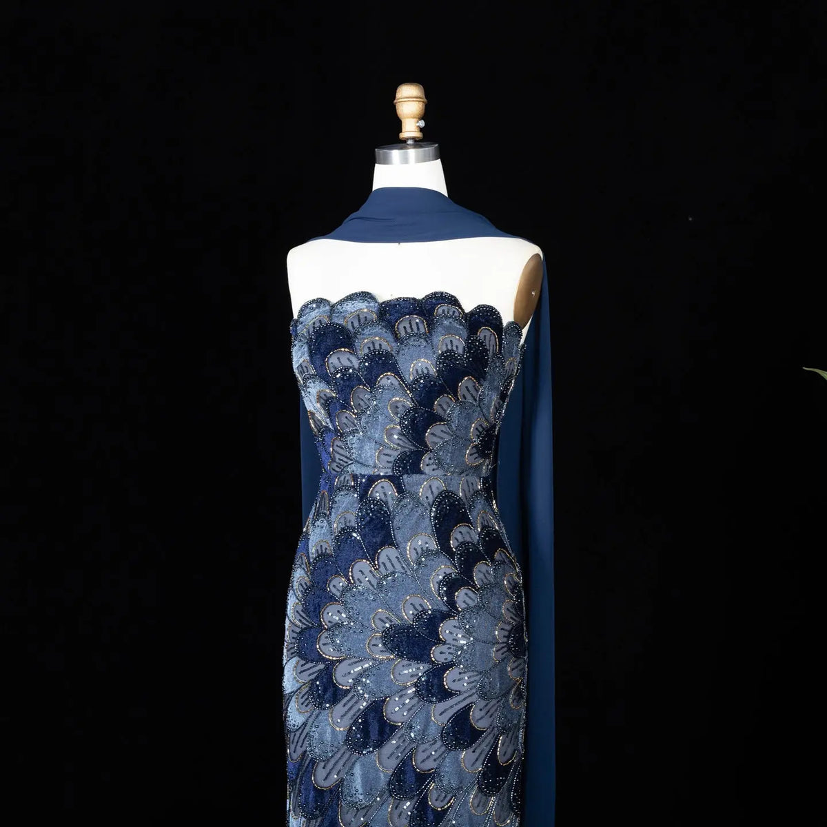 Elegant Strapless Dress with Scalloped Beadwork and Statement Cape