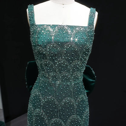 Emerald Crystal-Encrusted Gown with Back Satin Bow and Cathedral Train