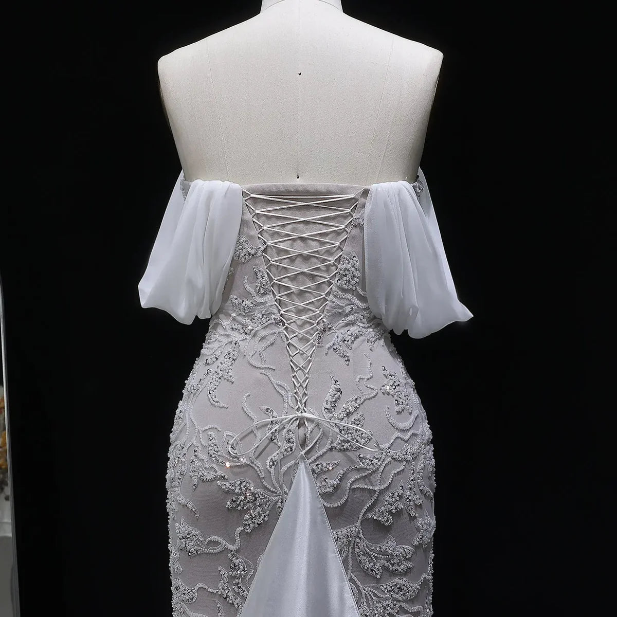 Burgundy "Orchid" Off-Shoulder Gown with Floral Crystal Embroidery and Satin Inset Train