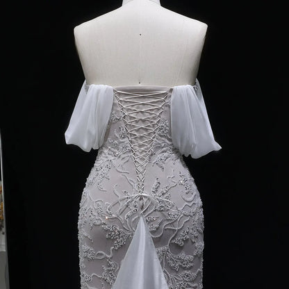 Burgundy "Orchid" Off-Shoulder Gown with Floral Crystal Embroidery and Satin Inset Train