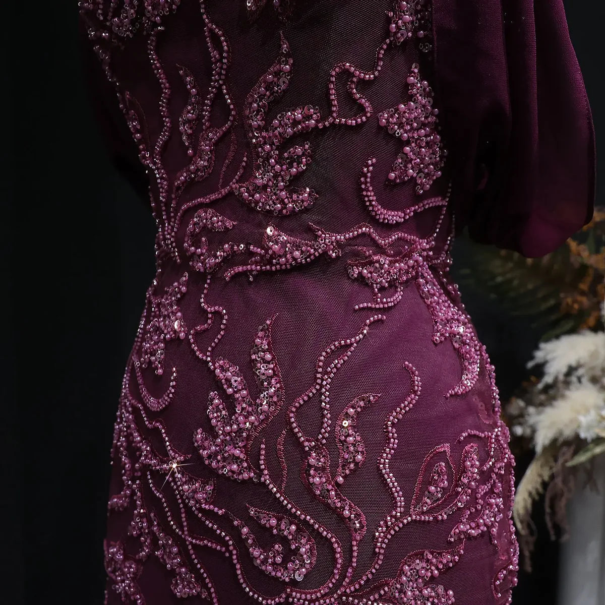 Burgundy "Orchid" Off-Shoulder Gown with Floral Crystal Embroidery and Satin Inset Train