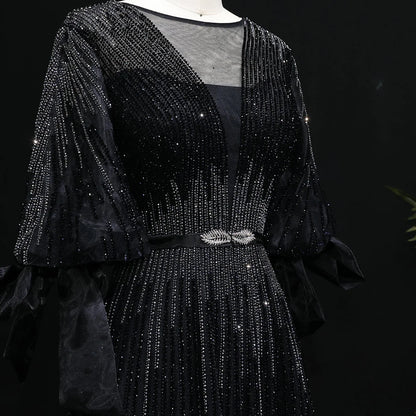 “Lumière Grace” Gown with Draped Sleeves and Vertical Crystal Beading