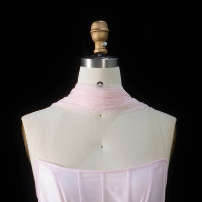 Baby Pink Corset Ball Gown with Asymmetrical Waist & Lace Scarf