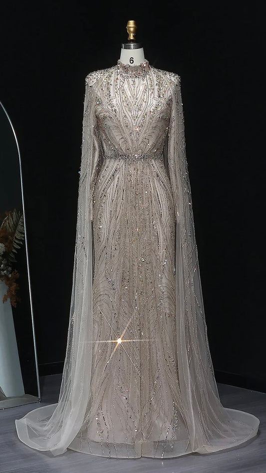“Regal Dust” Embroidered High Neck Gown with Flowing Cape Sleeves