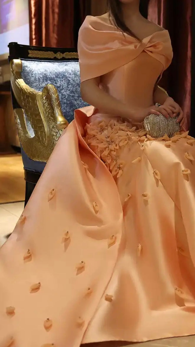 Luxury 3D Flowers Blush Pink Satin Evening Dress