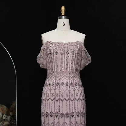 Crystal Glow” Gown – Off-shoulder embellished evening dress, available in two sleeve styles