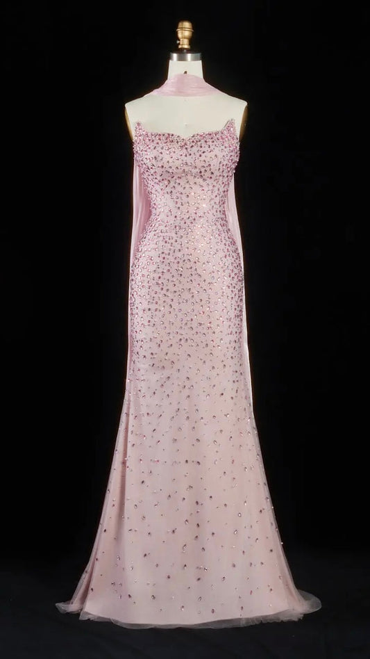 Glamorous Blush Pink Form-Fitting Dress with Two Cape Styles