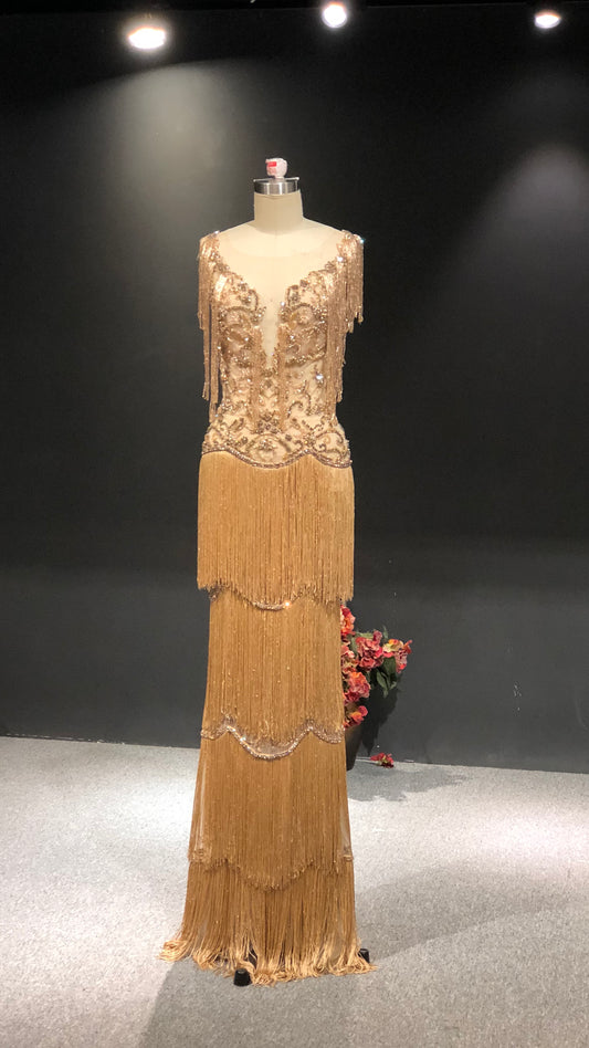 Hand-Embroidered Champagne Gold Fringe Couture Gown