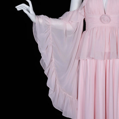 Romantic Pink Chiffon Gown with Rosettes & Angel Sleeves