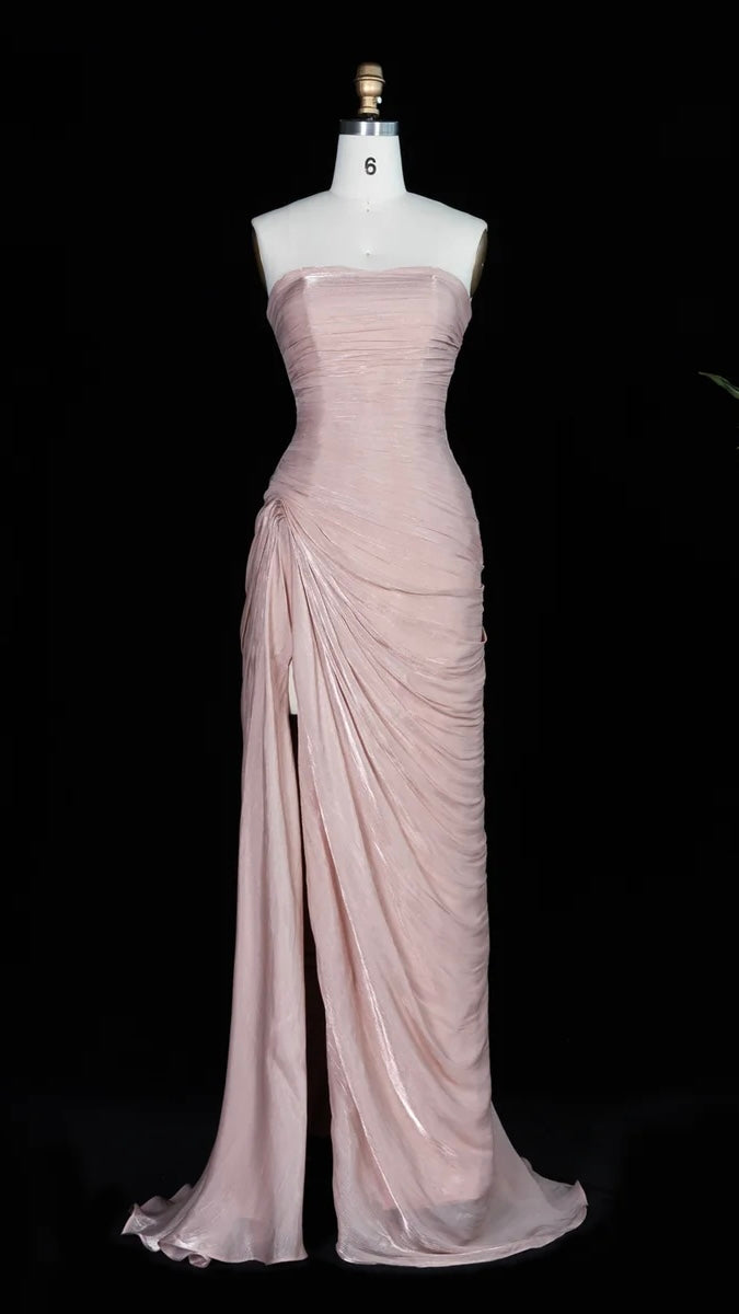 Blush Pink Strapless Shimmer Gown with Side Slit & Ruched Drapery