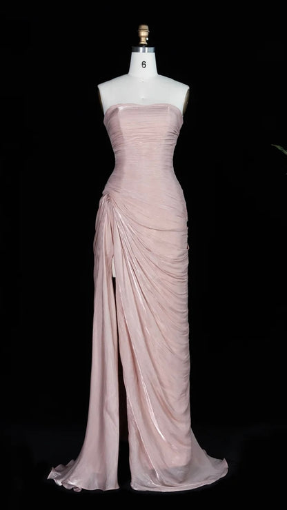 Blush Pink Strapless Shimmer Gown with Side Slit & Ruched Drapery