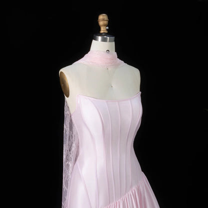 Baby Pink Corset Ball Gown with Asymmetrical Waist & Lace Scarf