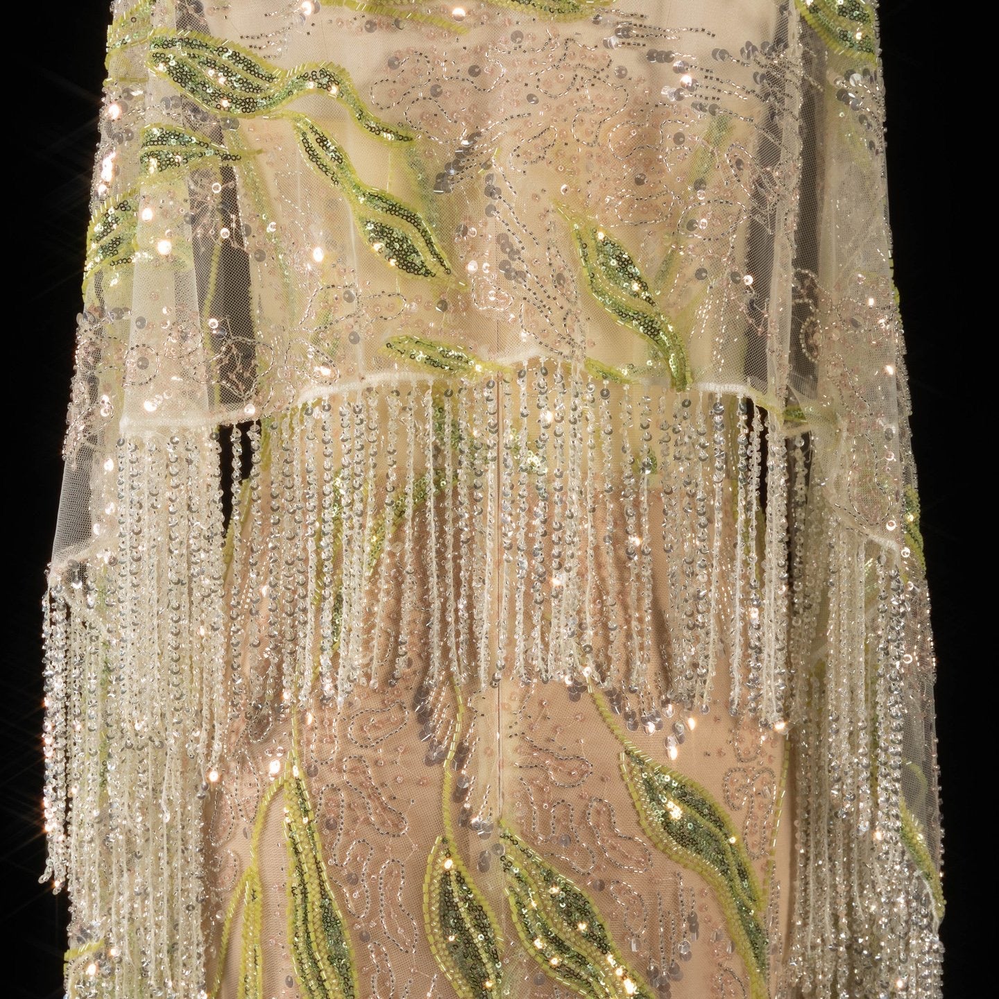 Floral Embroidered Crystal Gown with Fringed Cape Sleeves