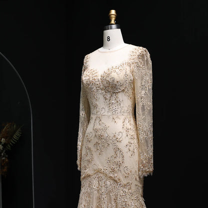 “Lace Elegance” Gown – Beaded Gold Embroidery in Mermaid Silhouette