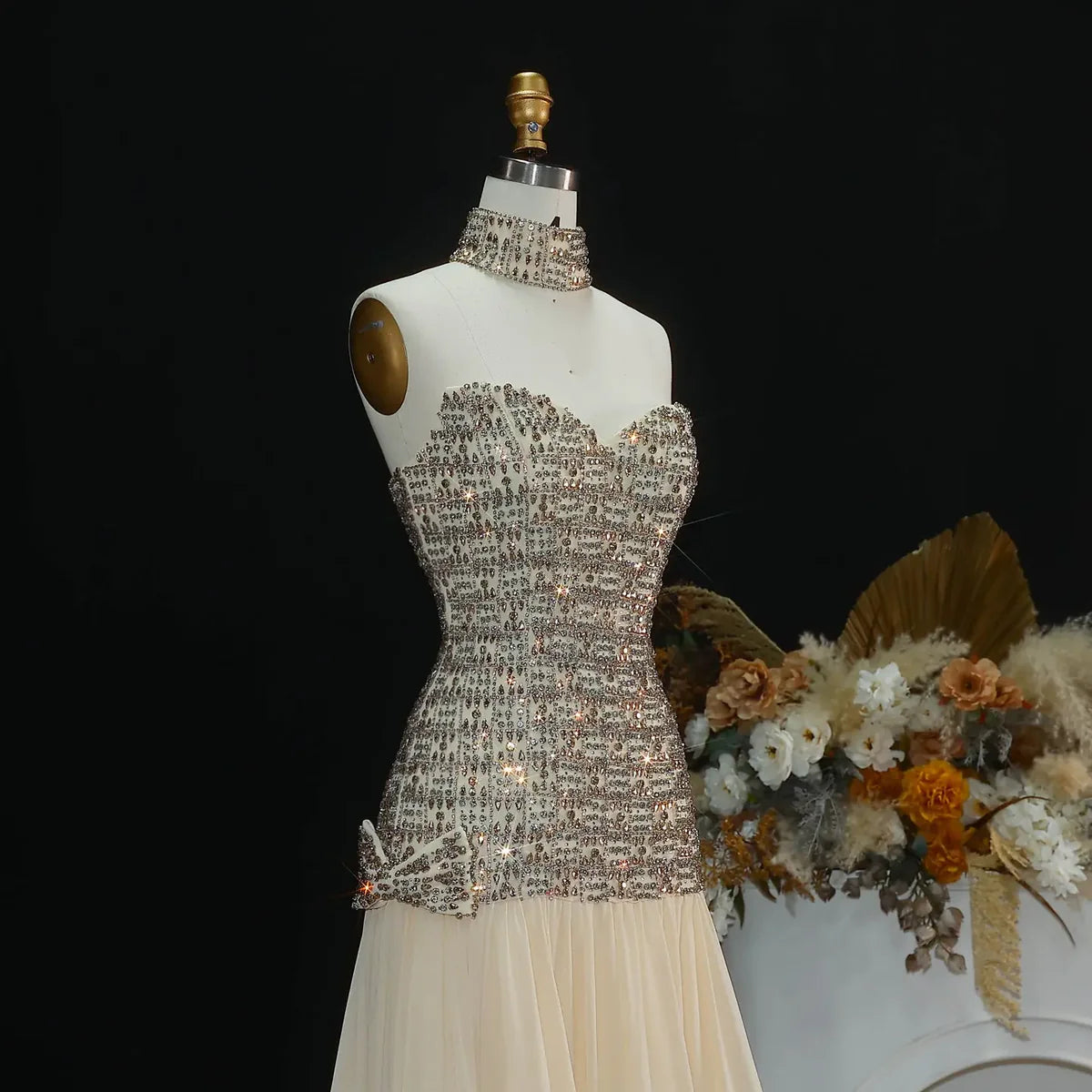 Elegant Fully-Beaded Bodice Dress with Matching Choker and Waist Bow