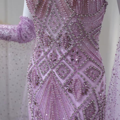 Luxury Lilac Evening Dress with Gloves Cape Sleeves Long Straight