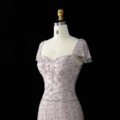 Royal Evening Gown with Cascading Crystal Beads and Floral Patterns