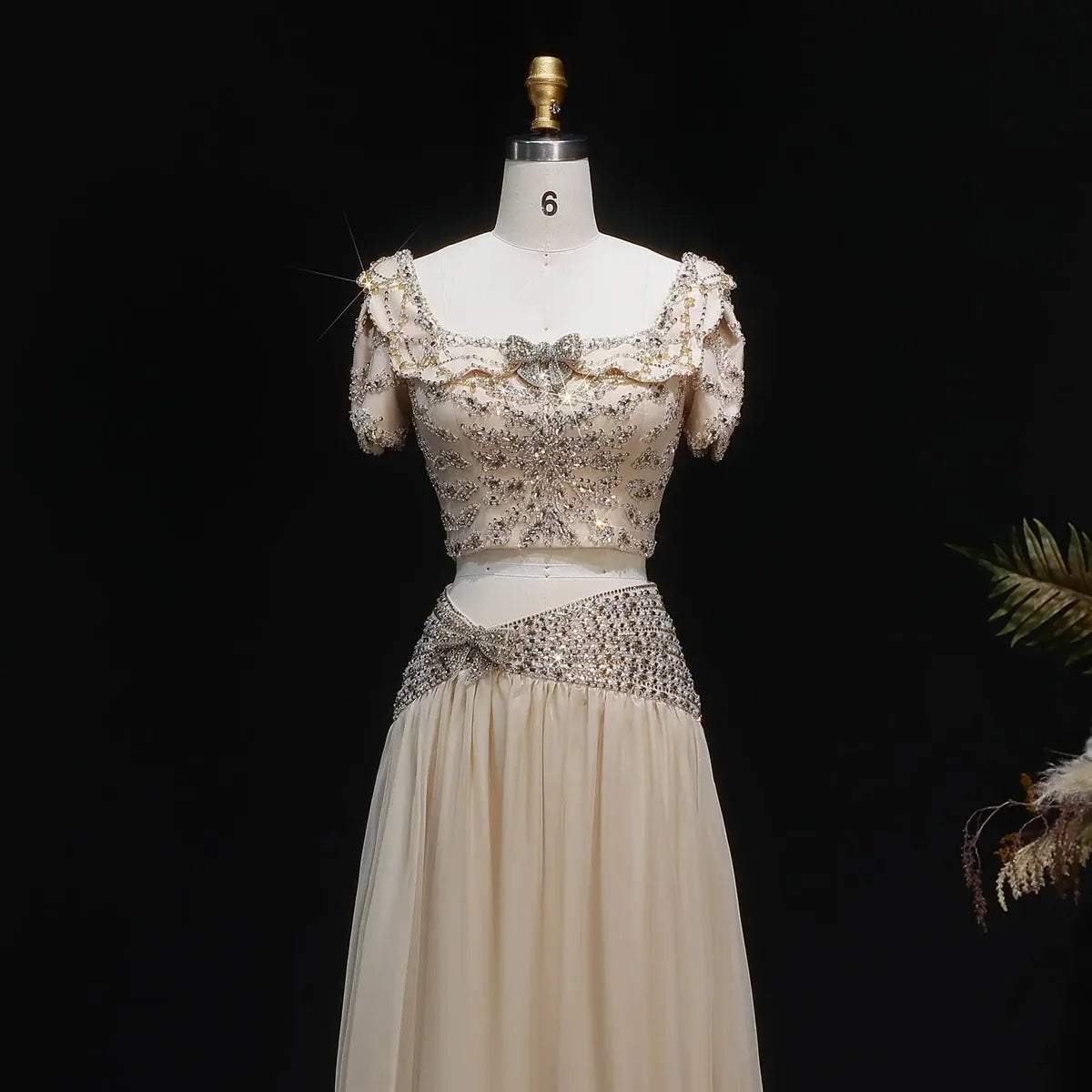 Elegant Fully Beaded Crop Top and Draped Skirt Set with Delicate Bows