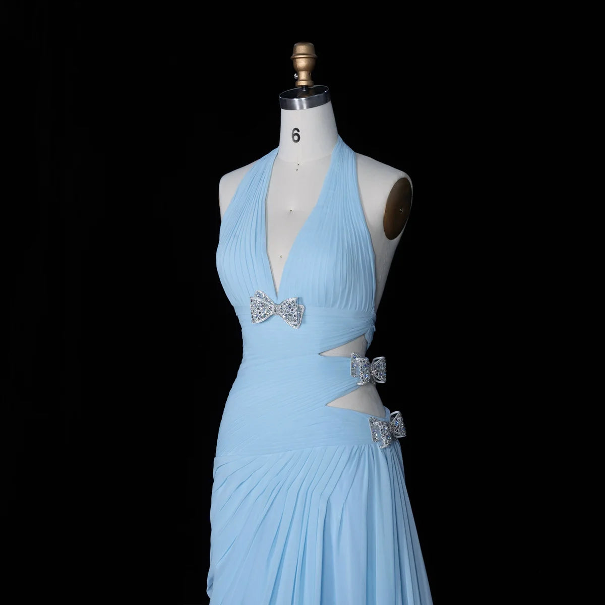 Light Blue Halter Chiffon Gown with Side Cut-outs & Crystal Bows