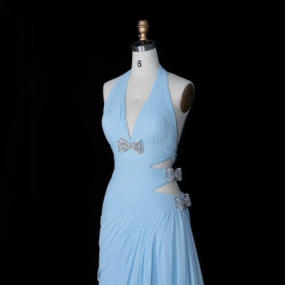 Light Blue Halter Chiffon Gown with Side Cut-outs & Crystal Bows