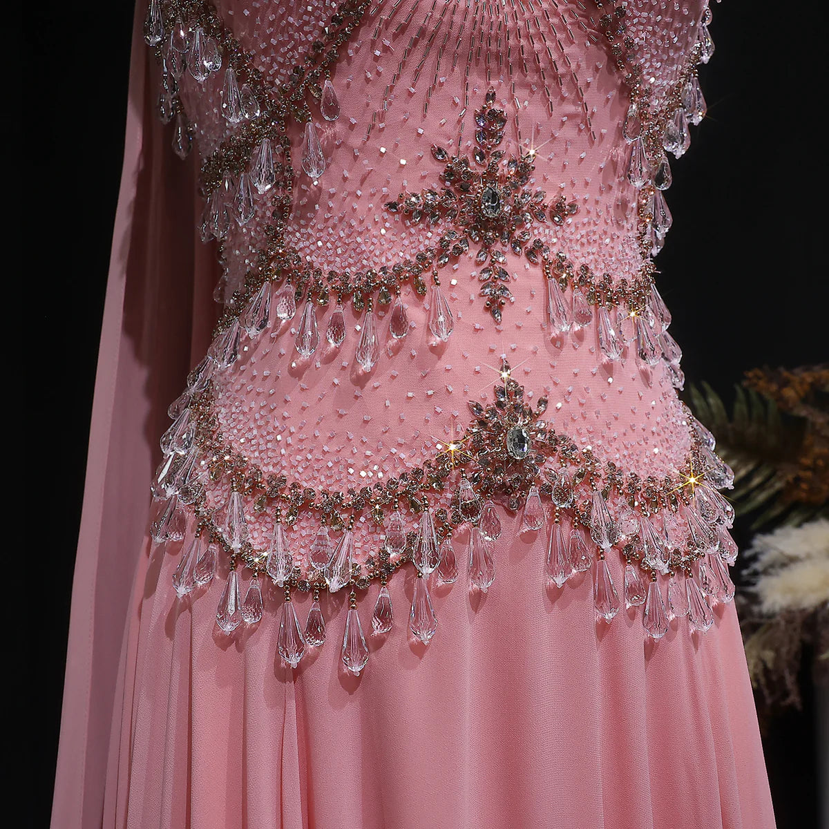 Dusty Rose Pleated Chiffon Gown with Chandelier Beading