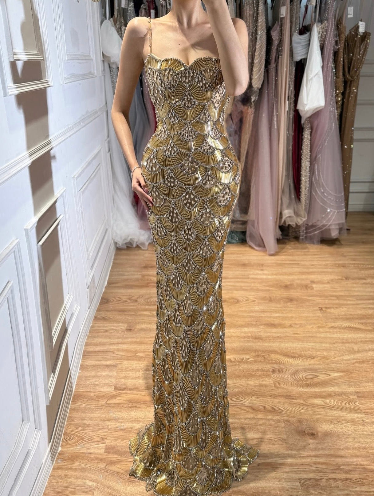 Glamorous Gold Crystal Shell Gown
