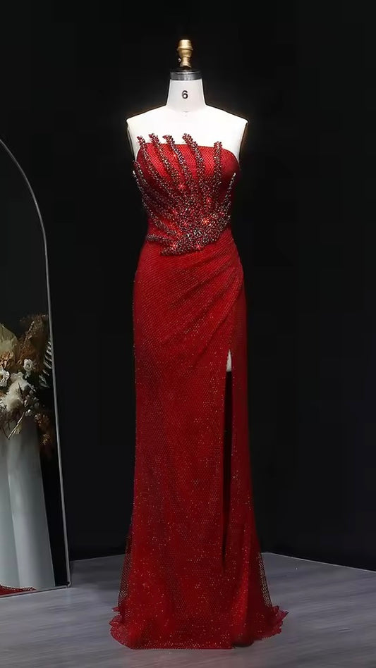 Flame of Elegance” Dress Burgundy Embellished with Crystals Featuring a Side Slit
