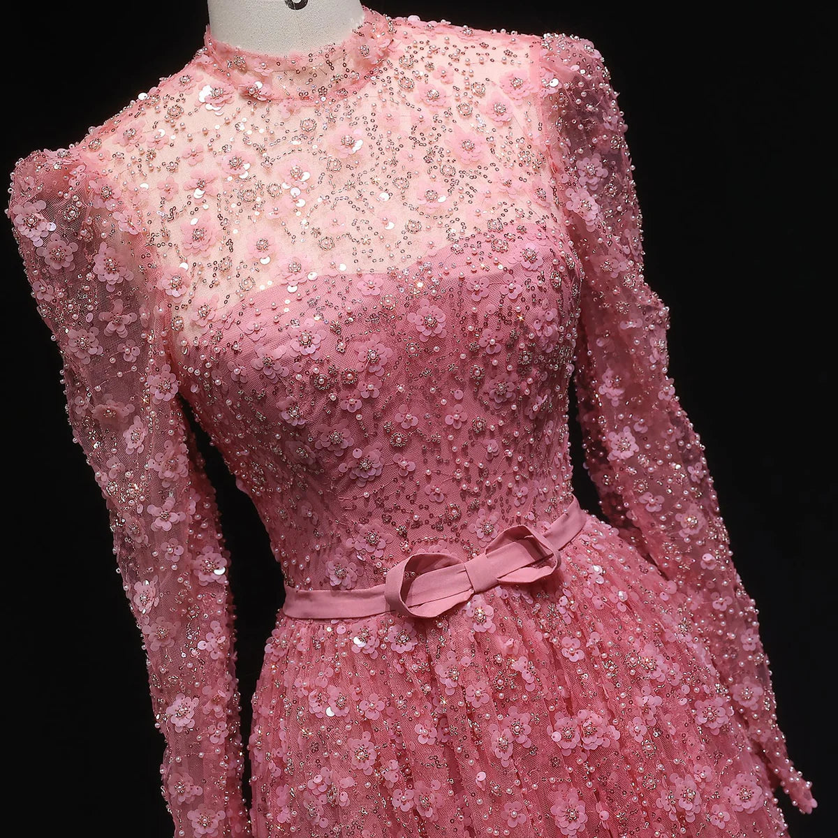 “Dusty Rose” Embroidered Tulle Gown with Long Sleeves and 3D Floral Beading