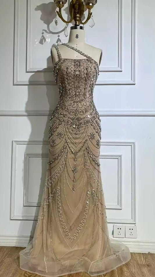“Crystal Symphony” Gown Nude crystal-embellished evening dress with asymmetric strap