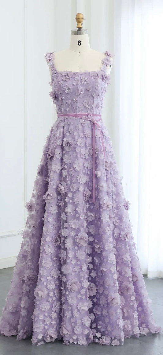 Chic Lilac 3D Embroidered Flowers Evening Dress