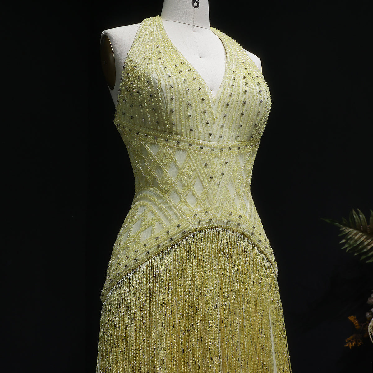 Exquisite Yellow Beaded Halter Neck Deep V Gala Gown