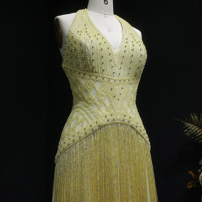 Exquisite Yellow Beaded Halter Neck Deep V Gala Gown