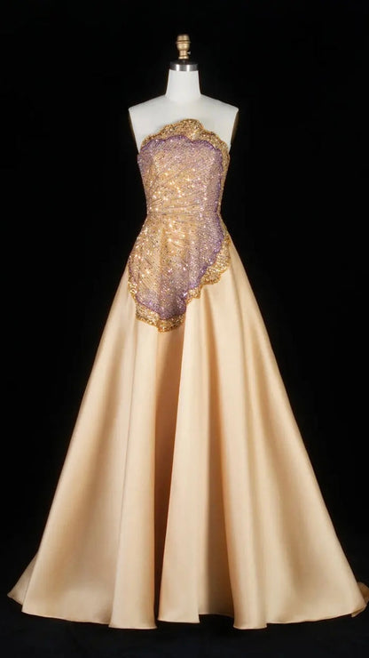 Luxury Strapless Satin Gown with Ornate Waves and Opera Gloves