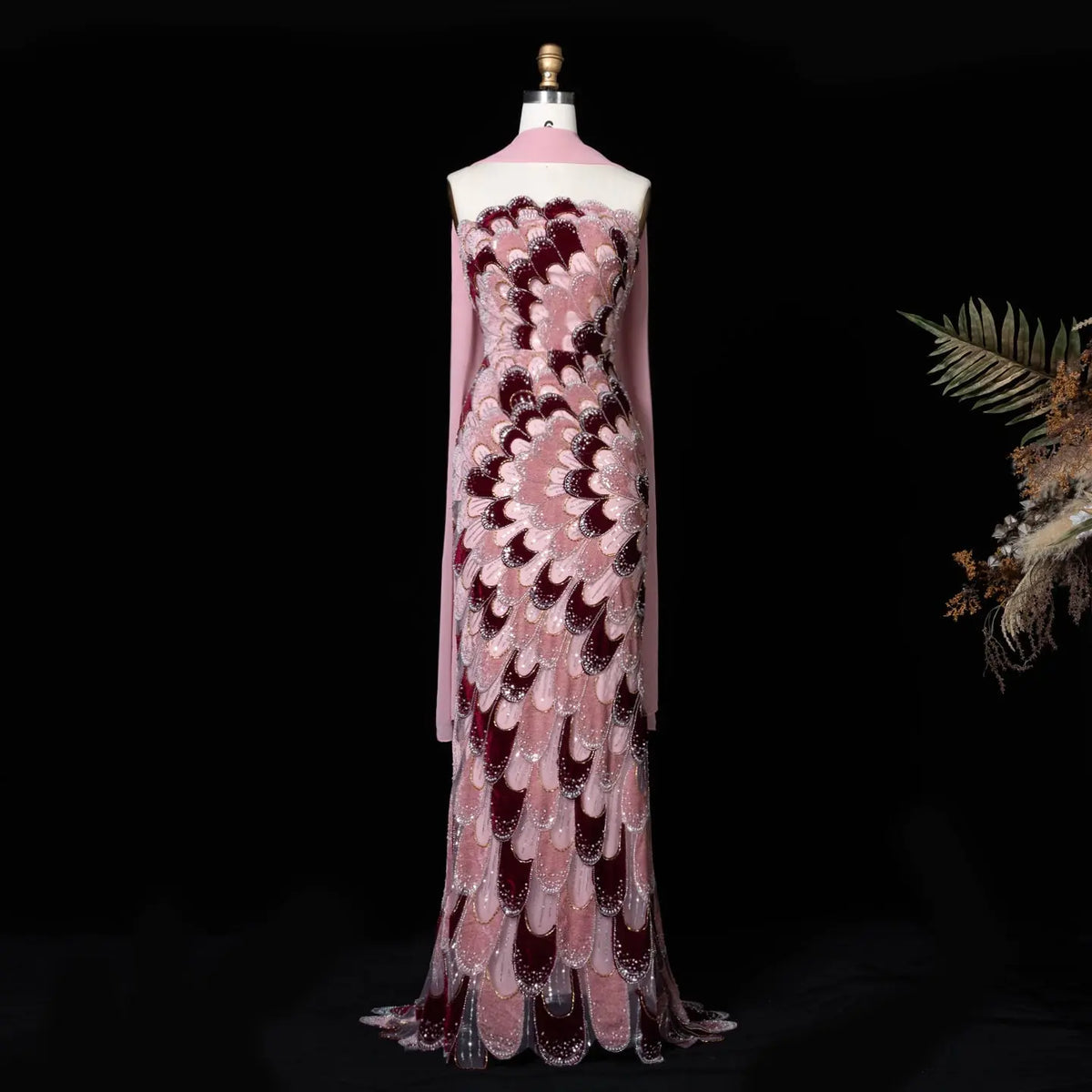 Elegant Strapless Dress with Scalloped Beadwork and Statement Cape