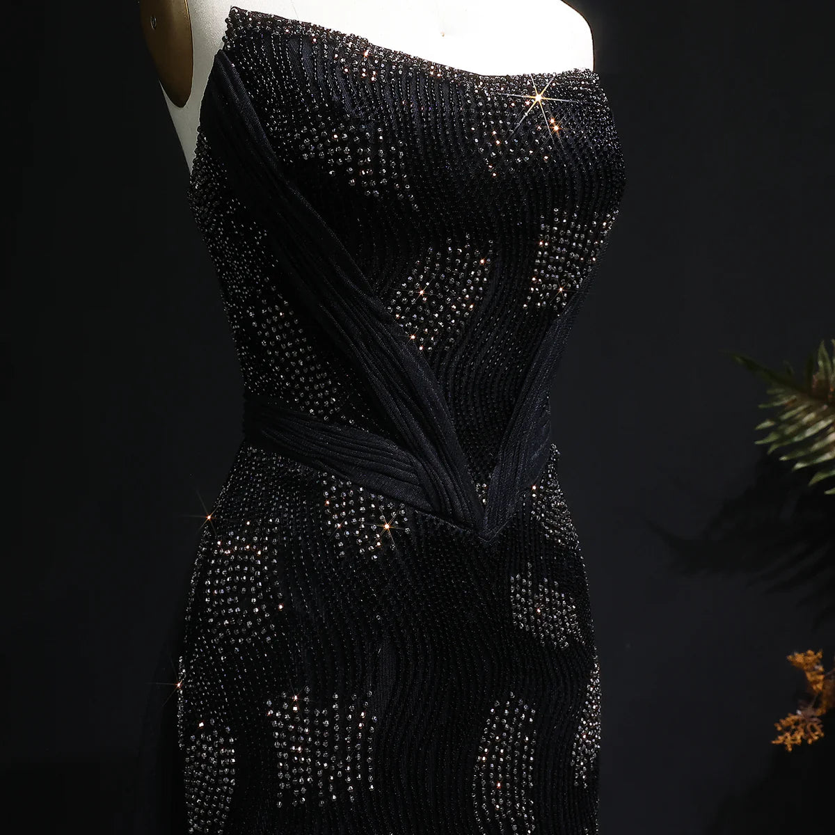 “Galaxy Shadows” Gown – Black Sparkling Strapless Elegance