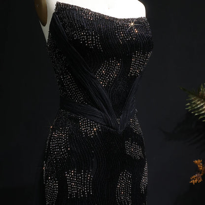 “Galaxy Shadows” Gown – Black Sparkling Strapless Elegance