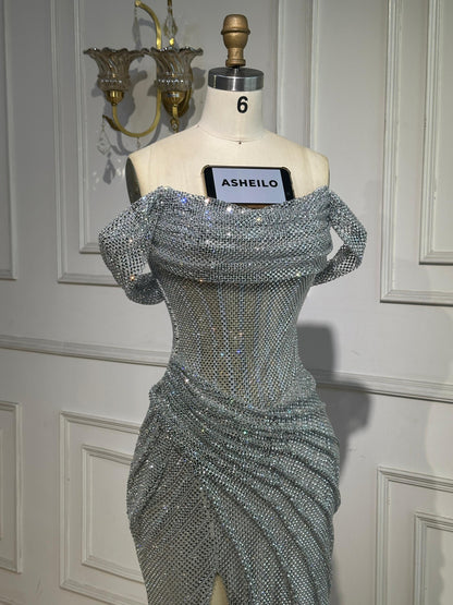 Silver Diamond Off-Shoulder Mermaid Dress