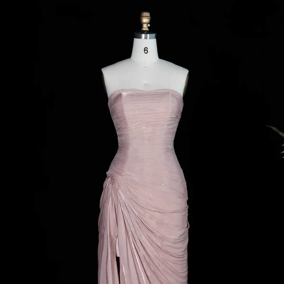 Blush Pink Strapless Shimmer Gown with Side Slit & Ruched Drapery