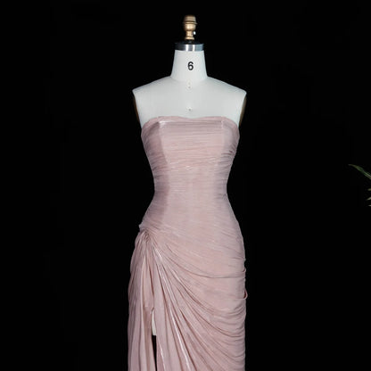 Blush Pink Strapless Shimmer Gown with Side Slit & Ruched Drapery
