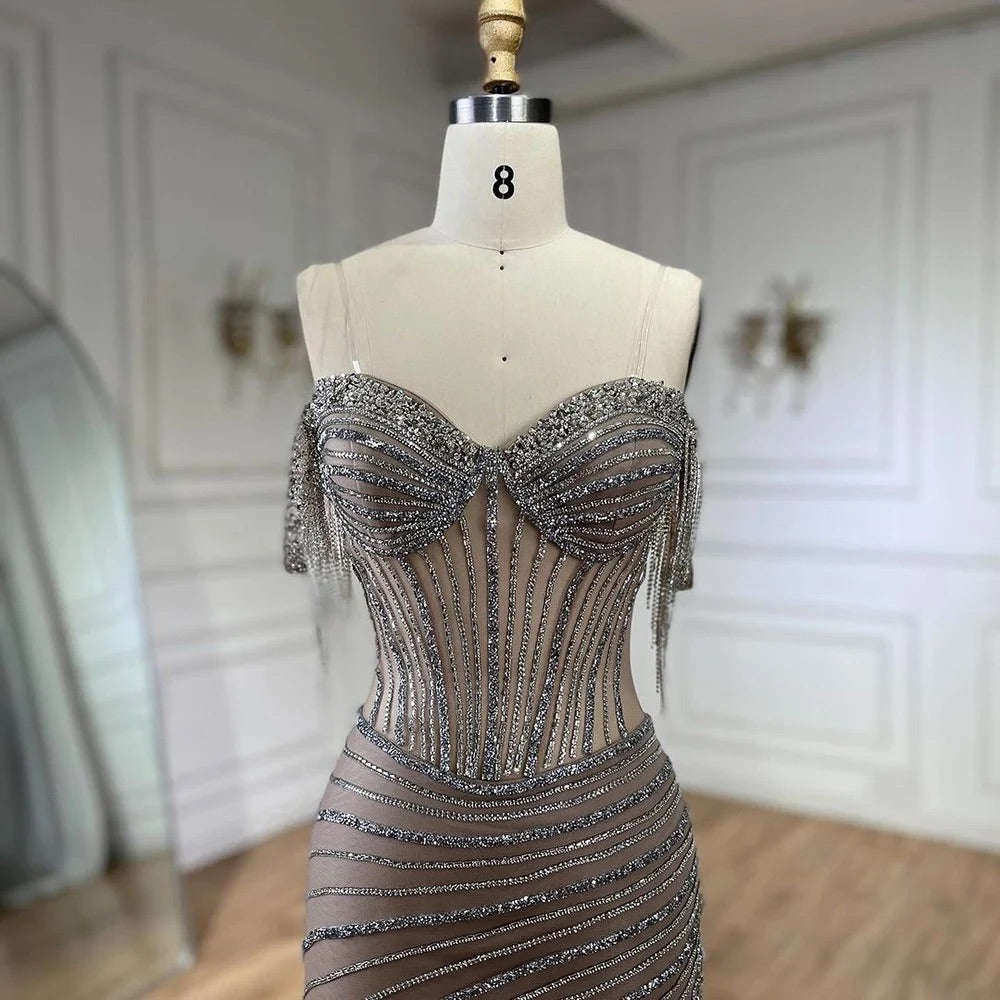 Luxury Silver Nude Mermaid Evening Dress