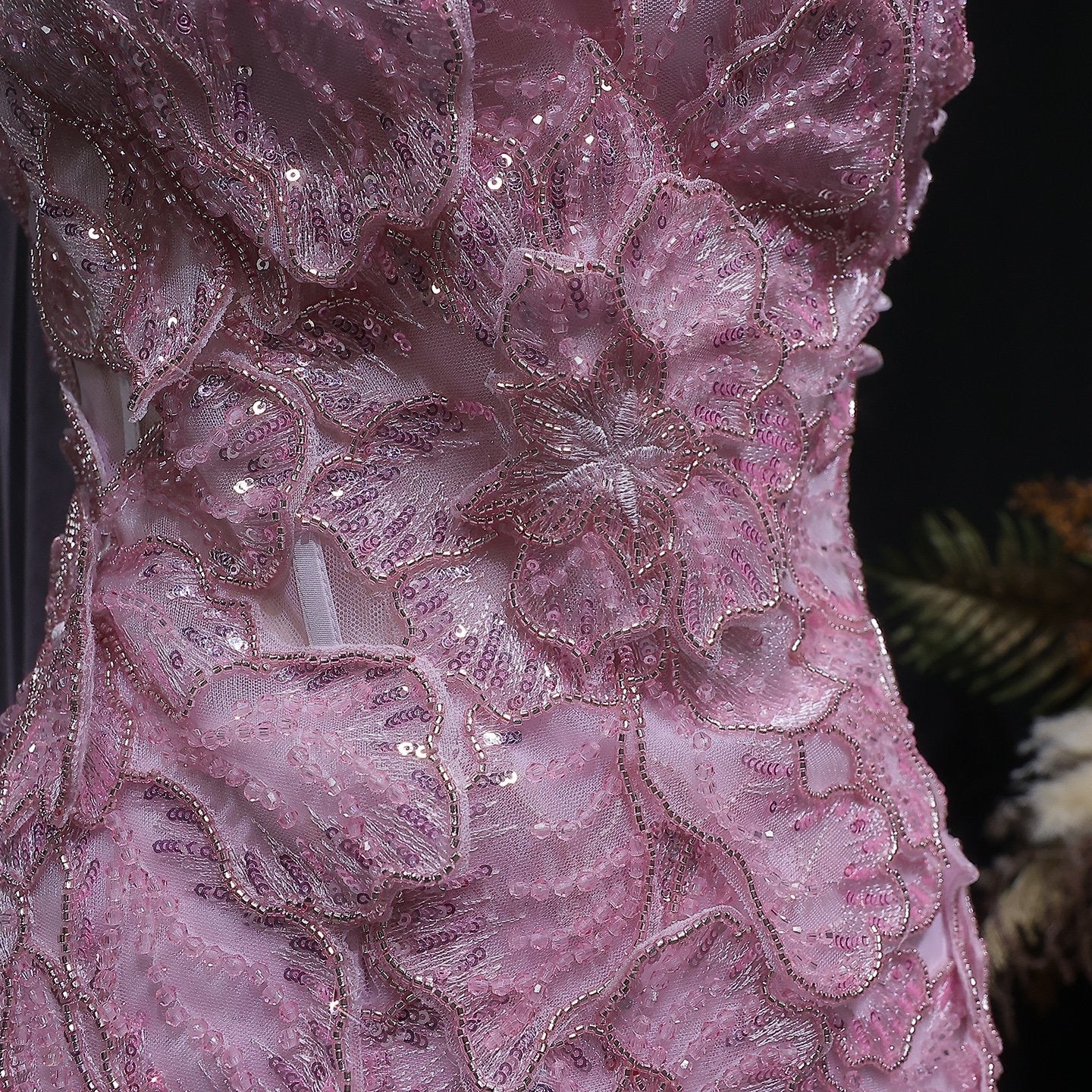 Lavender Tulle Gown with 3D Floral Appliques and Matching Neck Wrap