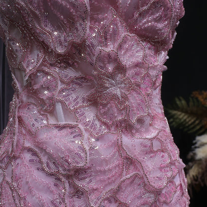 Lavender Tulle Gown with 3D Floral Appliques and Matching Neck Wrap