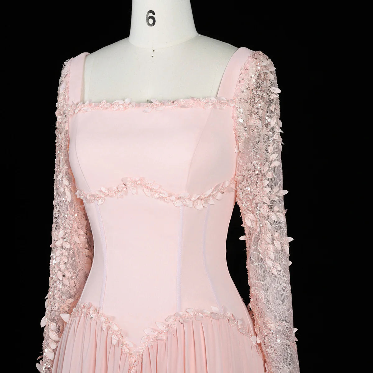 Baby Pink Long-Sleeve Evening Gown with Embellished Lace & V-Waist