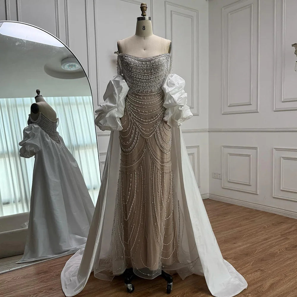 “Pearl Symphony” Luxury Crystal Gown with Flowing White Drape