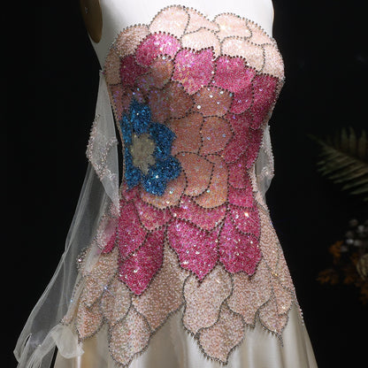 Elegant Satin A-Line Gown – Strapless Floral Beaded Bodice with Sheer Gloves