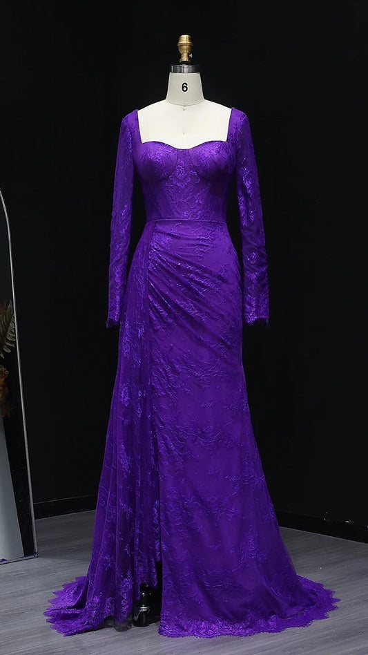 Purple Lace Pleated with Long Sleeves Side Slit