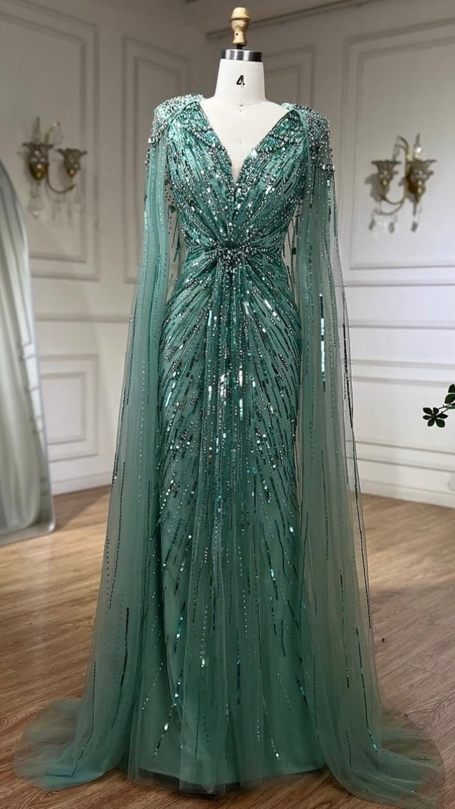 Turquoise Evening Dress Gowns 2024 with Beaded Cape Sleeves Design