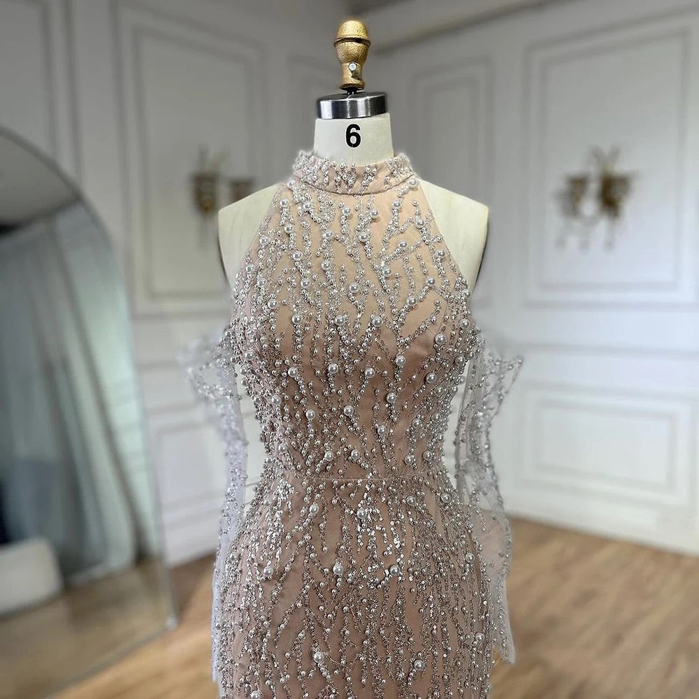 Luxury Pearls Beaded Evening Dress White Nude