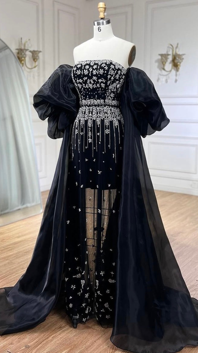 Black Puff Sleeves Evening Dress Gowns Beaded