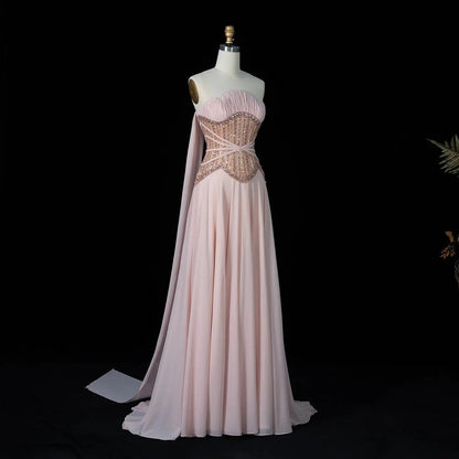 Luxury Strapless Gown with Ornate Corset-Style Waist and Dramatic Cape Scarves